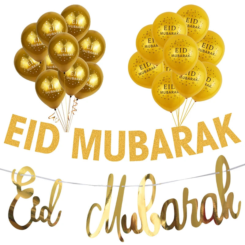Gold balloons and 'Eid Mubarak' banner on a white background