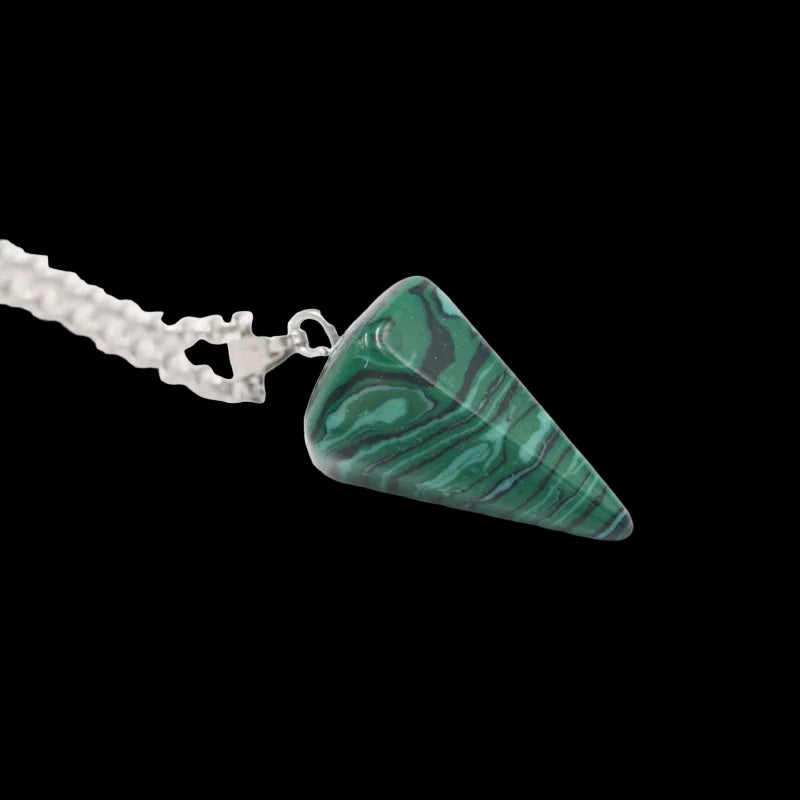 Green marbled pendant on a silver chain against a white background