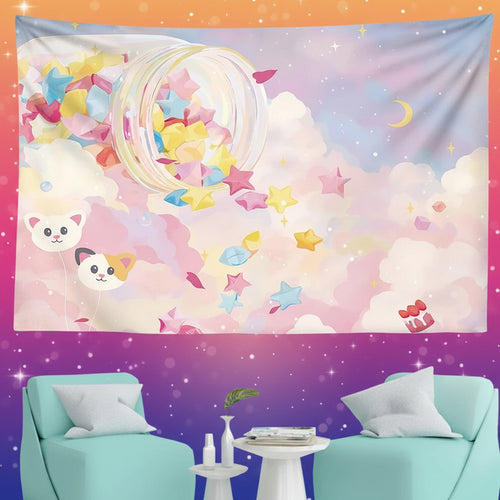 Colorful tapestry with cartoon characters and stars hanging above a light blue sofa.