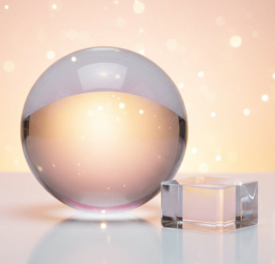 Clear sphere and rectangular block on a white background