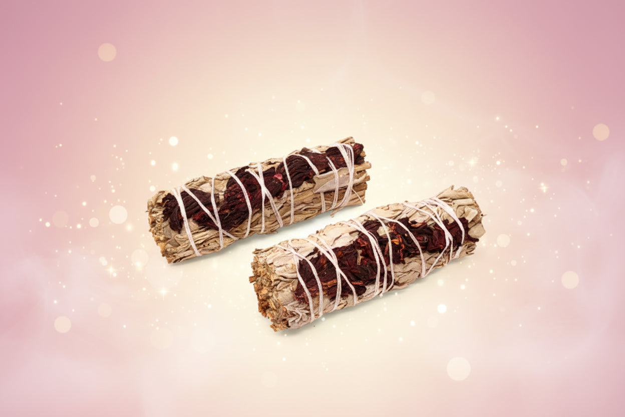 Two sage smudge sticks tied with white string on a white background