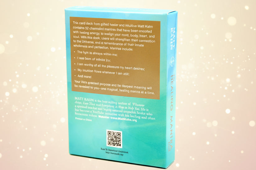 Back of a card deck packaging with text and QR code on a white background