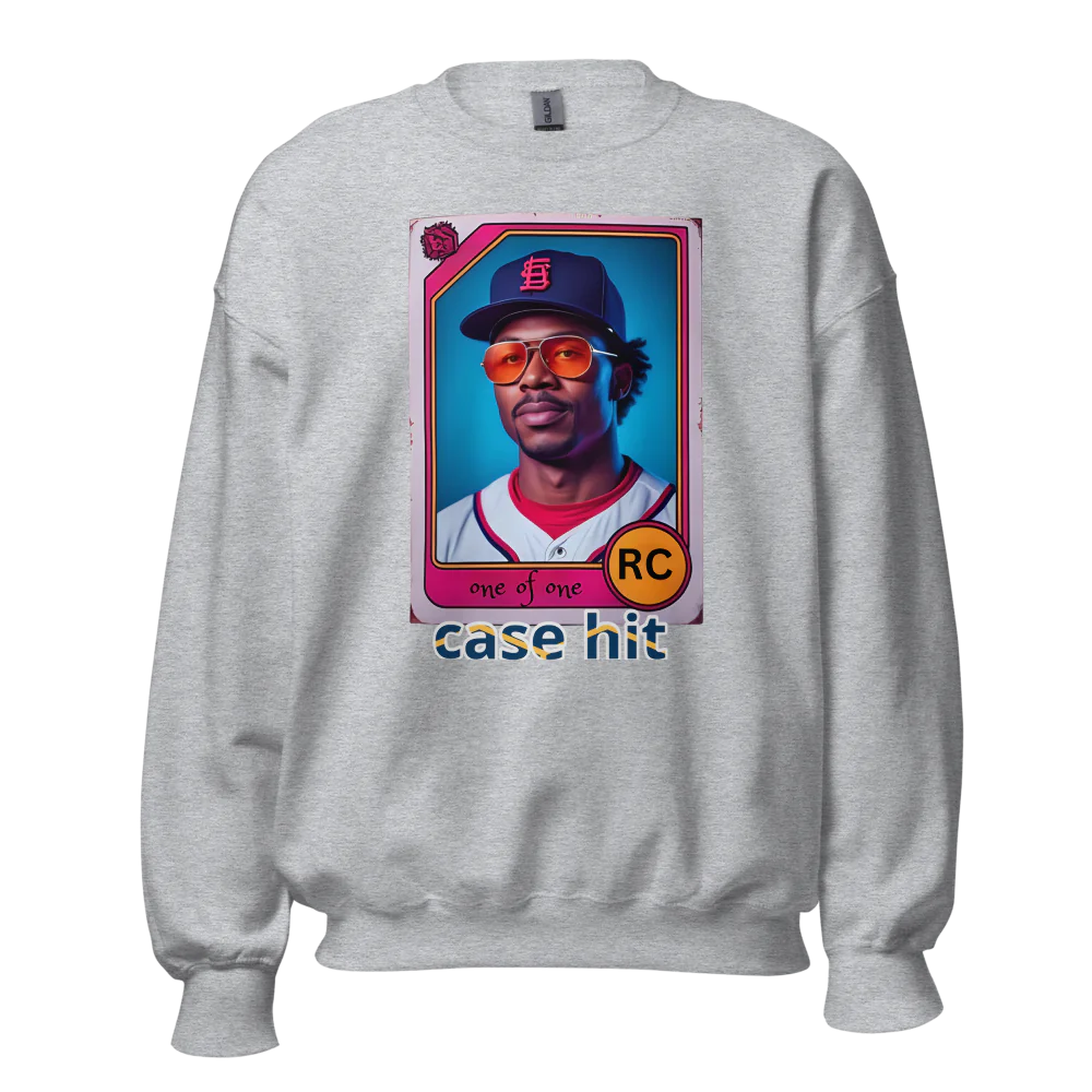 Gray sweatshirt with a graphic of a baseball player on a card design, featuring text 'case hit' and 'RC'.