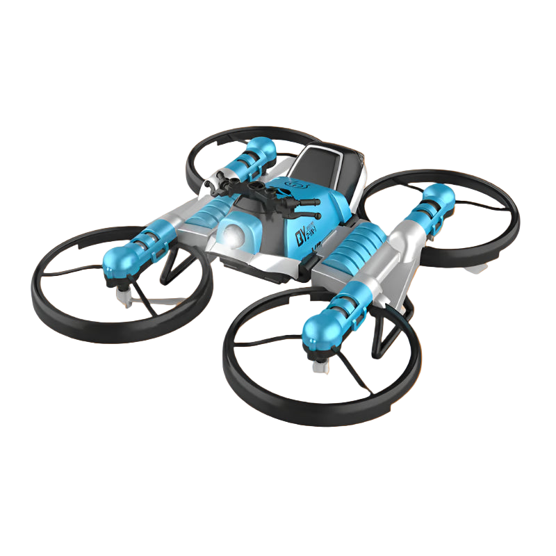 Small drone with blue and black design on a white background