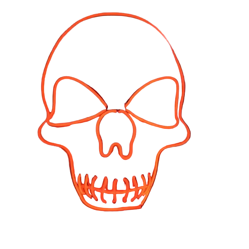 Skull-shaped mask with orange LED lights on a dark background