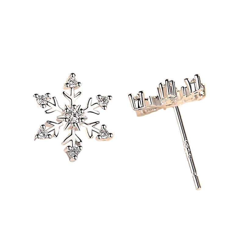 Silver snowflake earrings on a light background