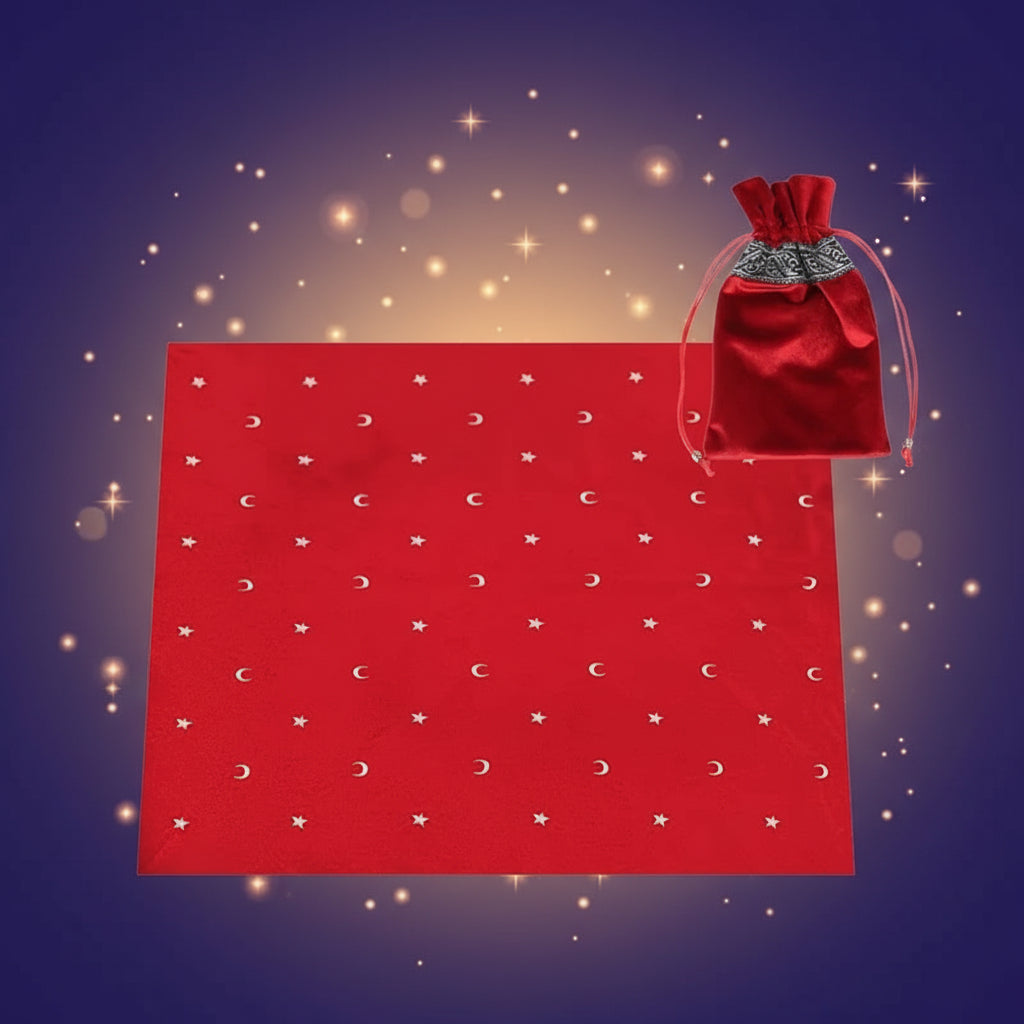 Red fabric with white patterns and a matching drawstring bag on a white background