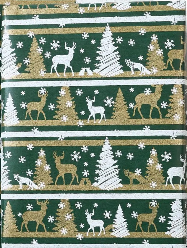 Christmas-themed wrapping paper with reindeer, trees, and snowflakes on a green background.