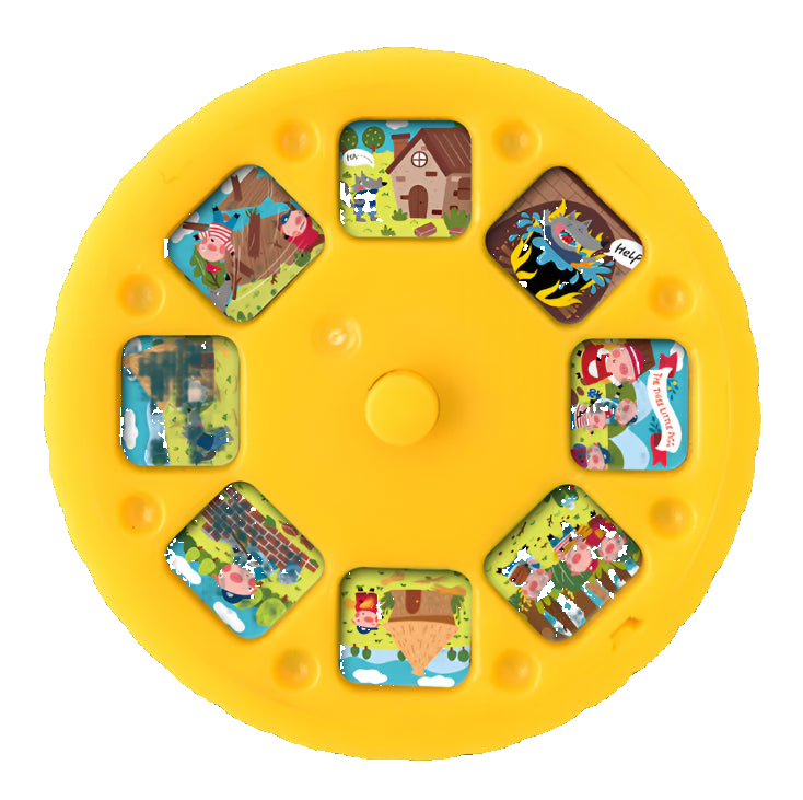 Yellow spinning toy with colorful farm-themed cards on a white background