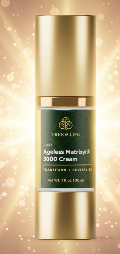 Gold and green skincare cream bottle with 'Tree of Life' branding on a white background