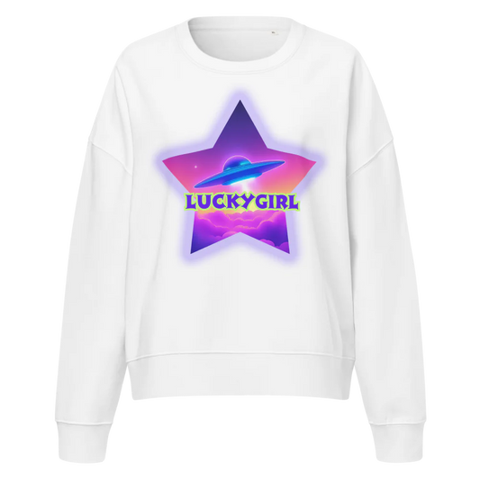 White sweatshirt with a colorful star graphic and 'LUCKYGIRL' text on a white background