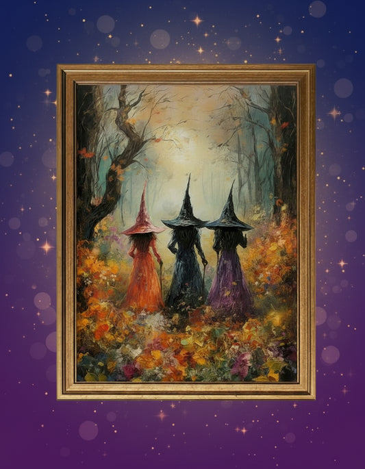 Three witches in colorful dresses and hats walking through a forest with autumn foliage.