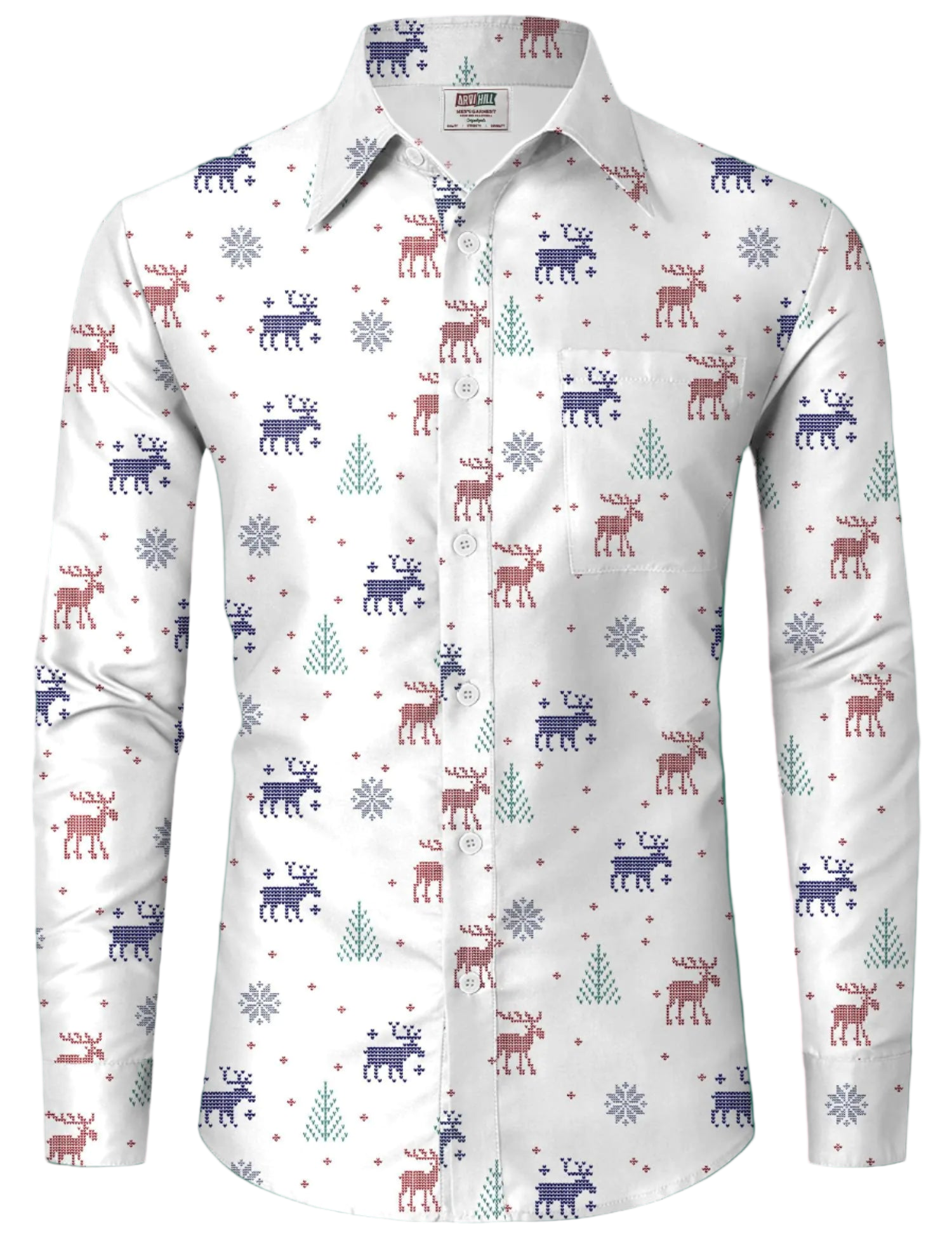 White shirt with reindeer and snowflake pattern on a white background