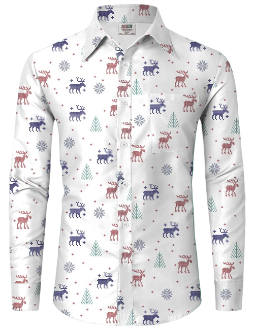 White shirt with reindeer and snowflake pattern on a white background