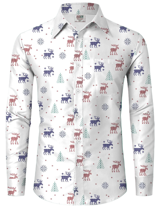 White shirt with reindeer and snowflake pattern on a white background