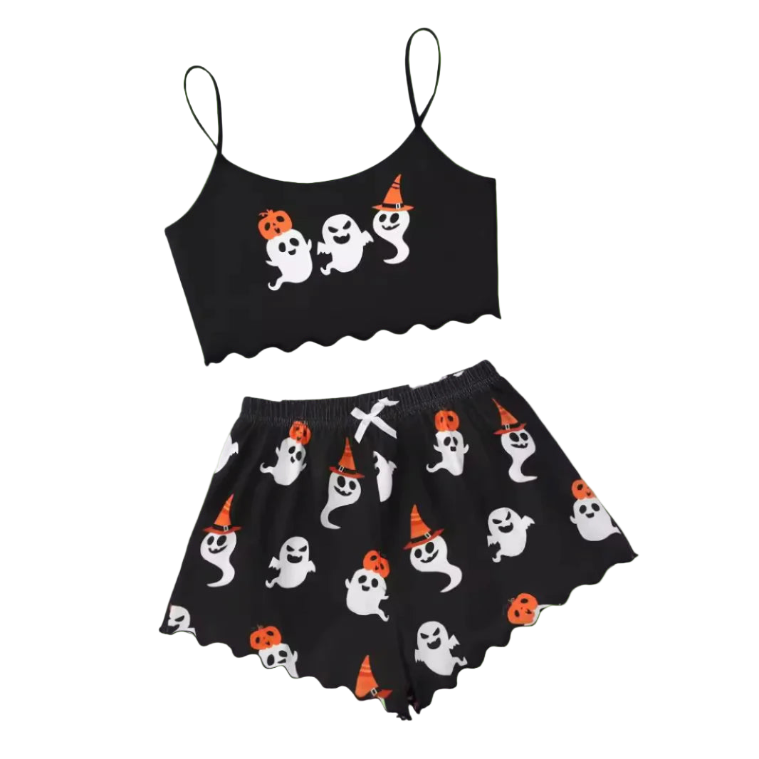Halloween-themed black crop top and shorts set on a white background