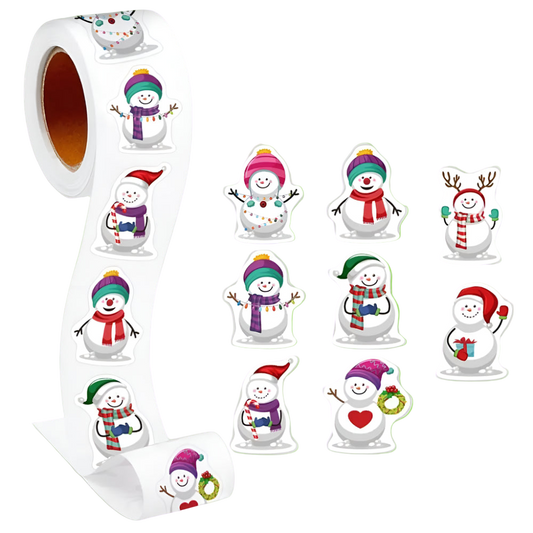 Roll of snowman stickers with various designs on a white background