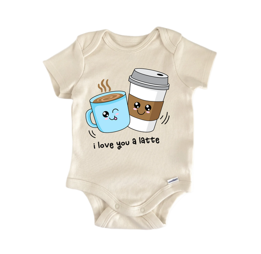 Beige baby onesie with cartoon coffee cup and to-go cup design on a white background