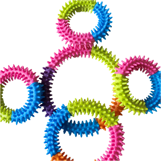 Colorful spiky rubber bands on a white background