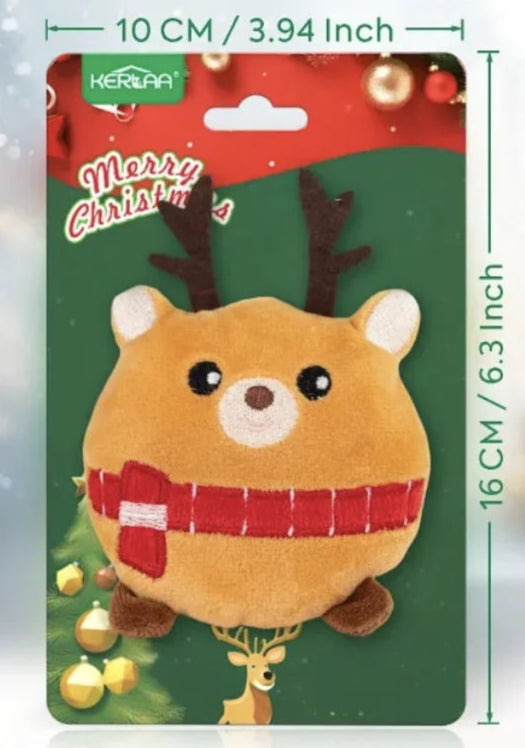 Christmas-themed catnip toy with dimensions and packaging details on a festive background.