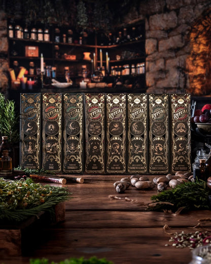 Row of Rituel boxes on a wooden surface with a mystical ambiance