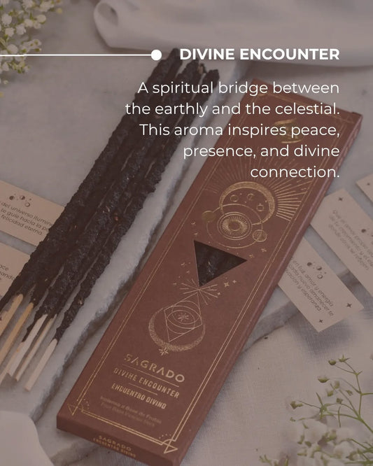 Sagrado Divine Encounter incense packaging with incense sticks on a light background
