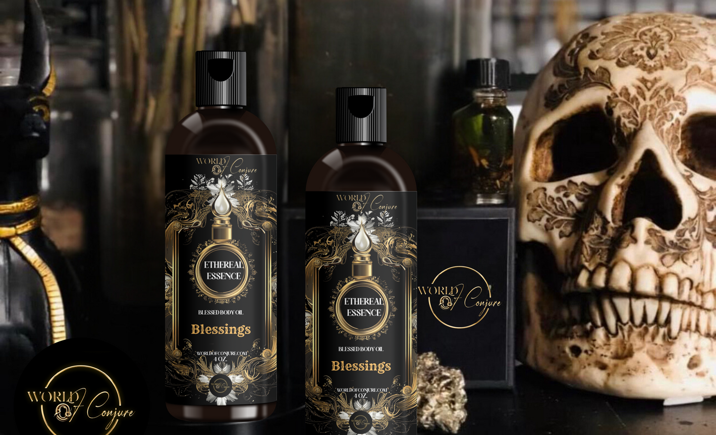 Bottle of 'Ethereal Essence' with decorative labels and a skull in the background.