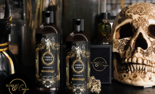 Bottle of 'Ethereal Essence' with decorative labels and a skull in the background.