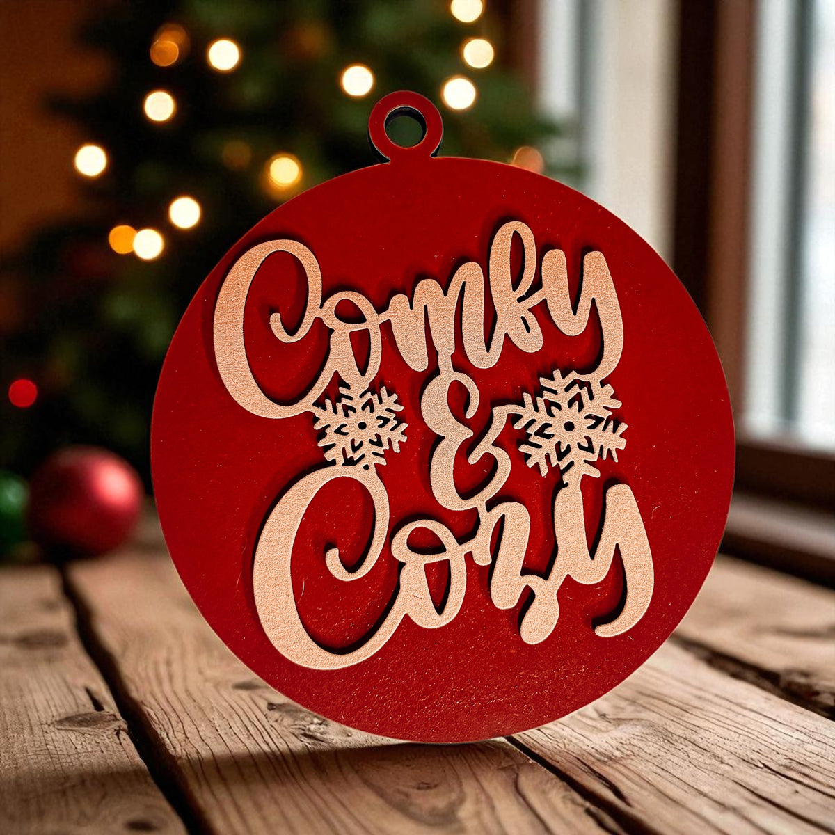 Red ornament with 'Comfy & Cozy' text on a wooden surface with a blurred Christmas tree in the background.