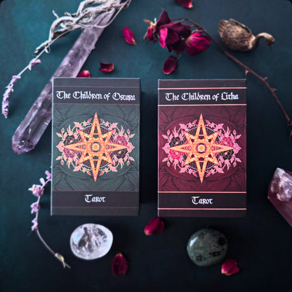 Two tarot card boxes from The Children of Ocuma and The Children of Lichu arranged on a dark surface with crystals, dried flowers, and rose petals around them.