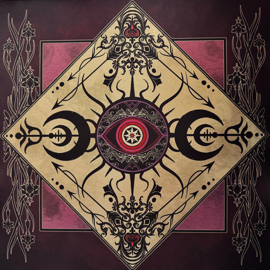 A square decorative artwork featuring a large diamond-shaped central motif with ornate black filigree, a stylized eye with a star inside, and pink panels on a dark burgundy background.