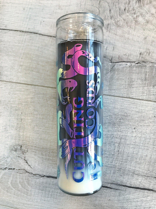Tumbler with colorful design on a wooden surface