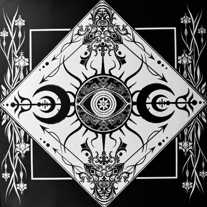 Black and white gothic-style graphic art print featuring a central eye motif surrounded by ornate floral and crescent moon designs, arranged within a diamond-shaped border on a black background.