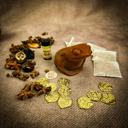 Spices, gold coins, a wooden frog, and a bottle on a textured surface