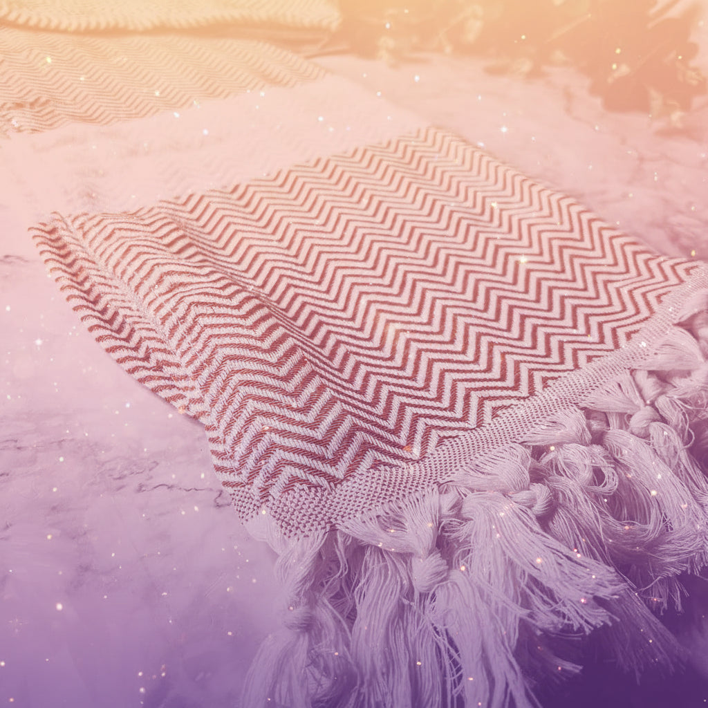 Textile with red and white chevron pattern on a marble surface