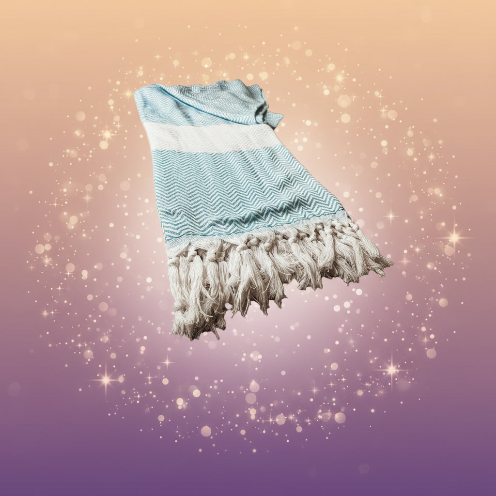 Textured blanket with chevron pattern and tassels on a light surface.