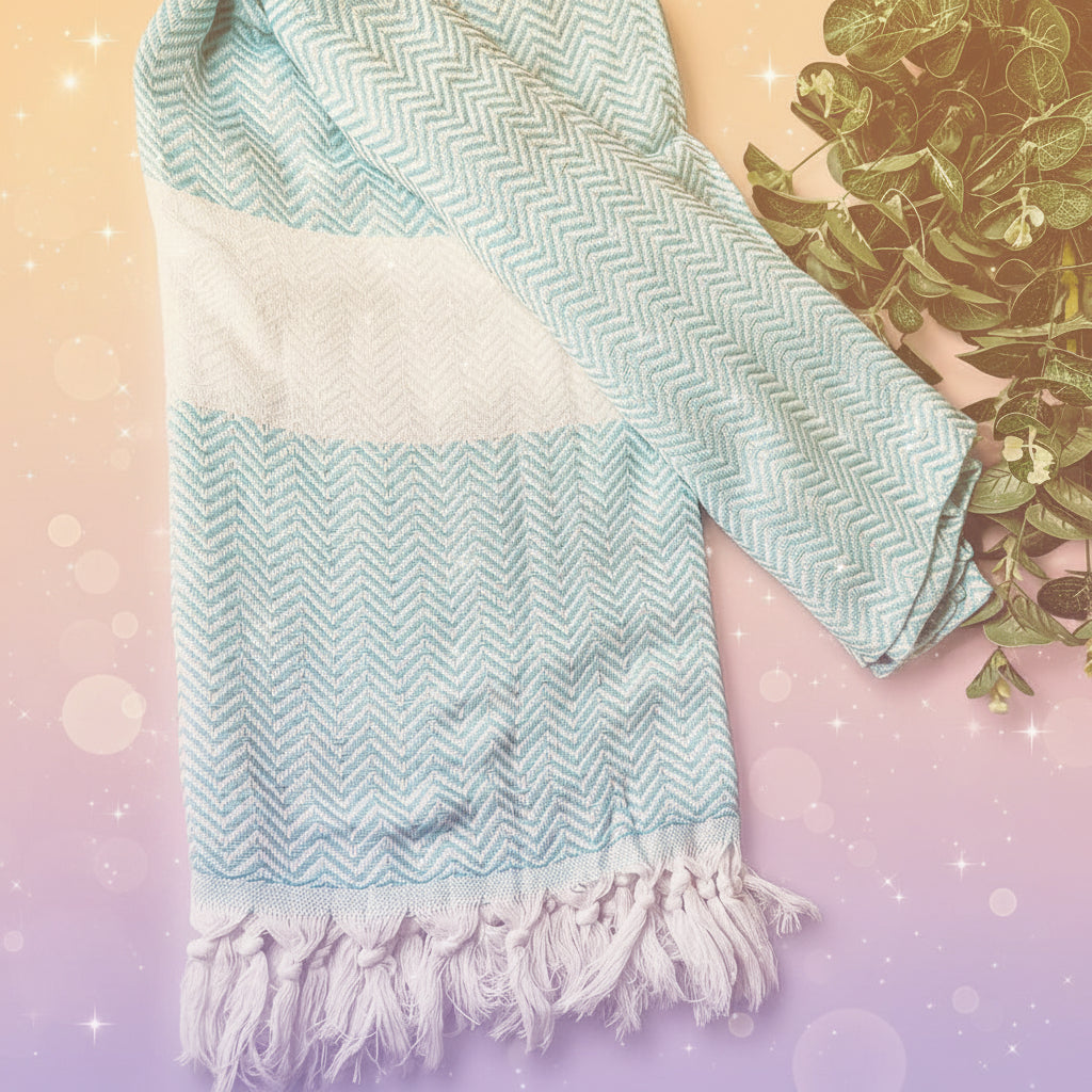 Blue and white chevron-patterned blanket with fringes on a textured surface.