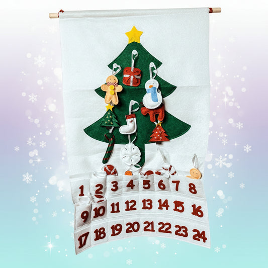 Felt Christmas tree advent calendar with decorative elements on a white background