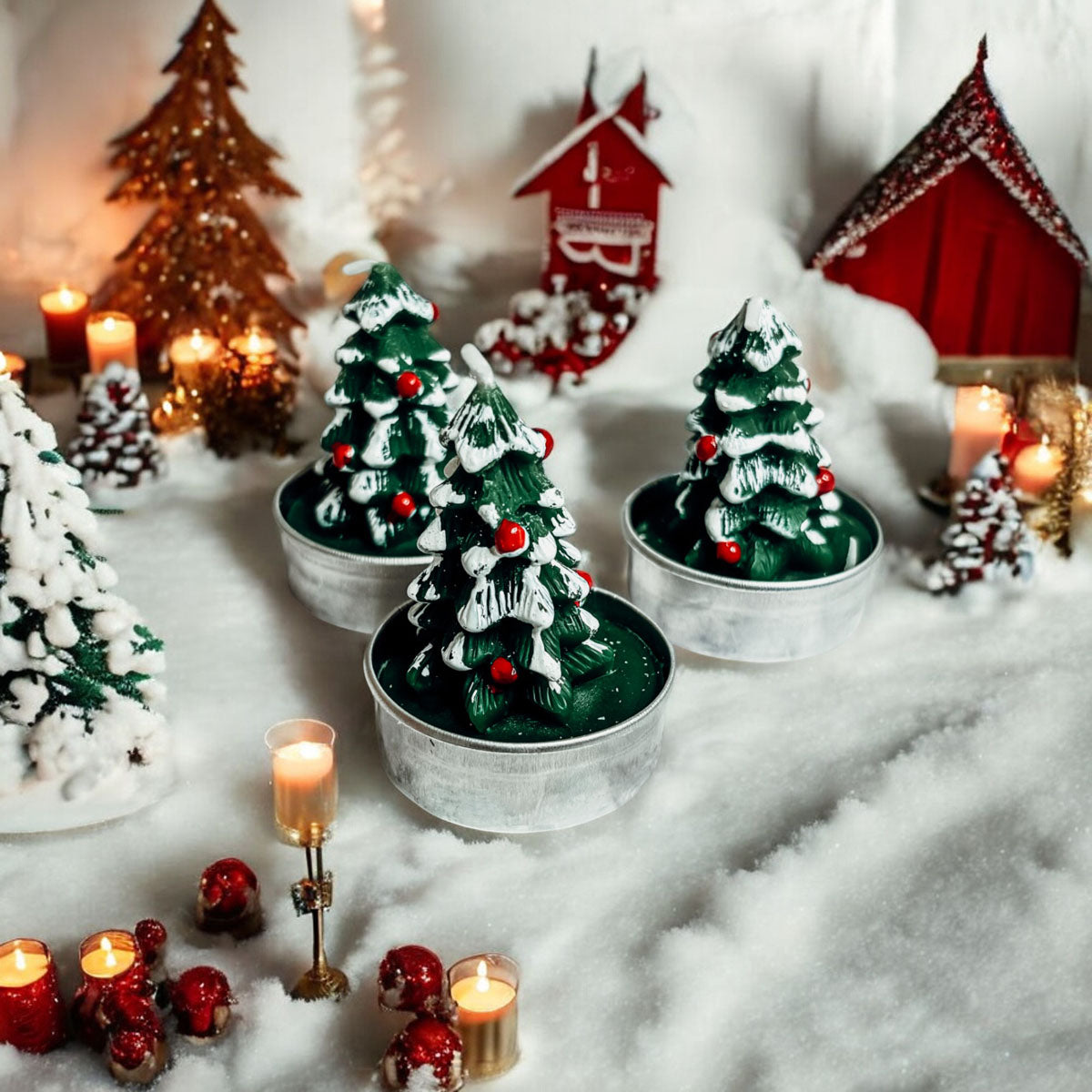 Decorative Christmas scene with miniature trees, candles, and festive buildings on a snowy background.