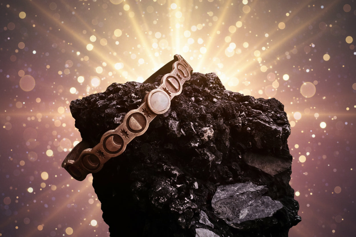 Bracelet with moon phases on a dark rock surface
