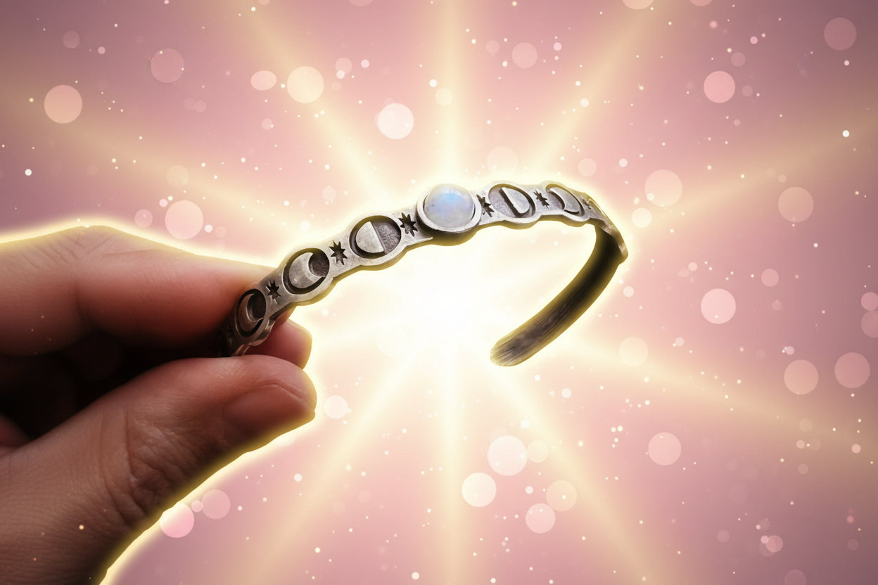 Silver bracelet with moon phases held by a hand against a dark background
