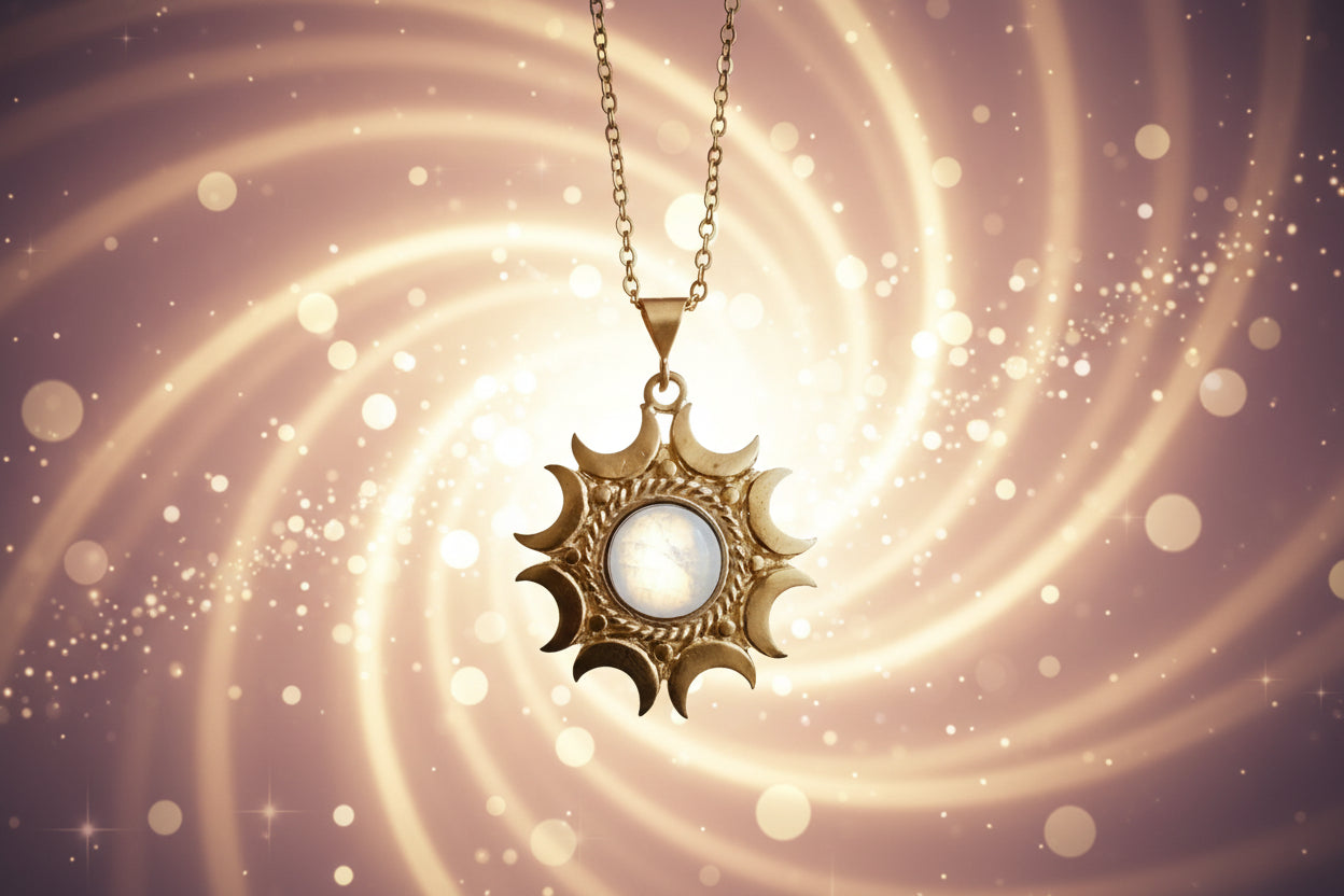 Gold sun-shaped pendant with a central stone on a dark background