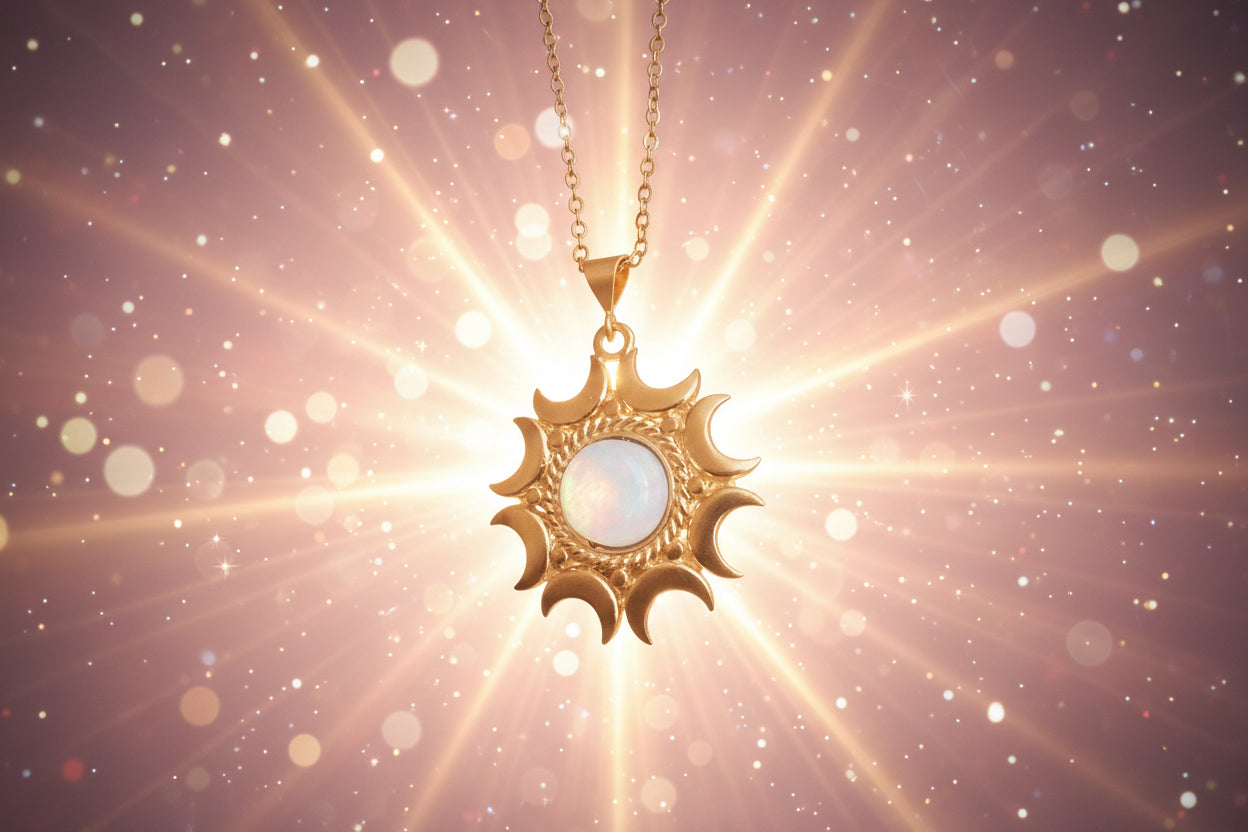 Gold pendant necklace with a white stone on a dark background