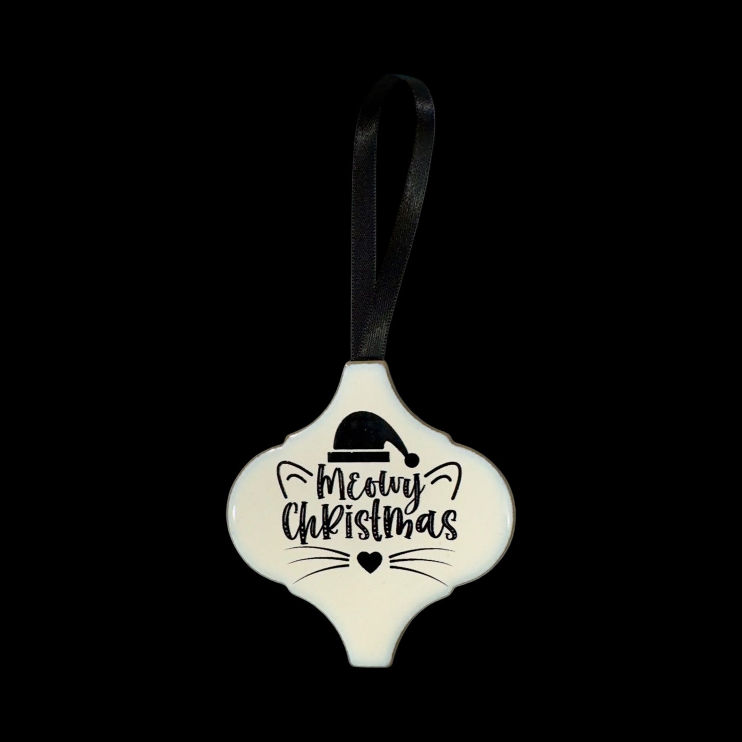 Decorative Christmas ornament with 'Meowy Christmas' text on a light gray background