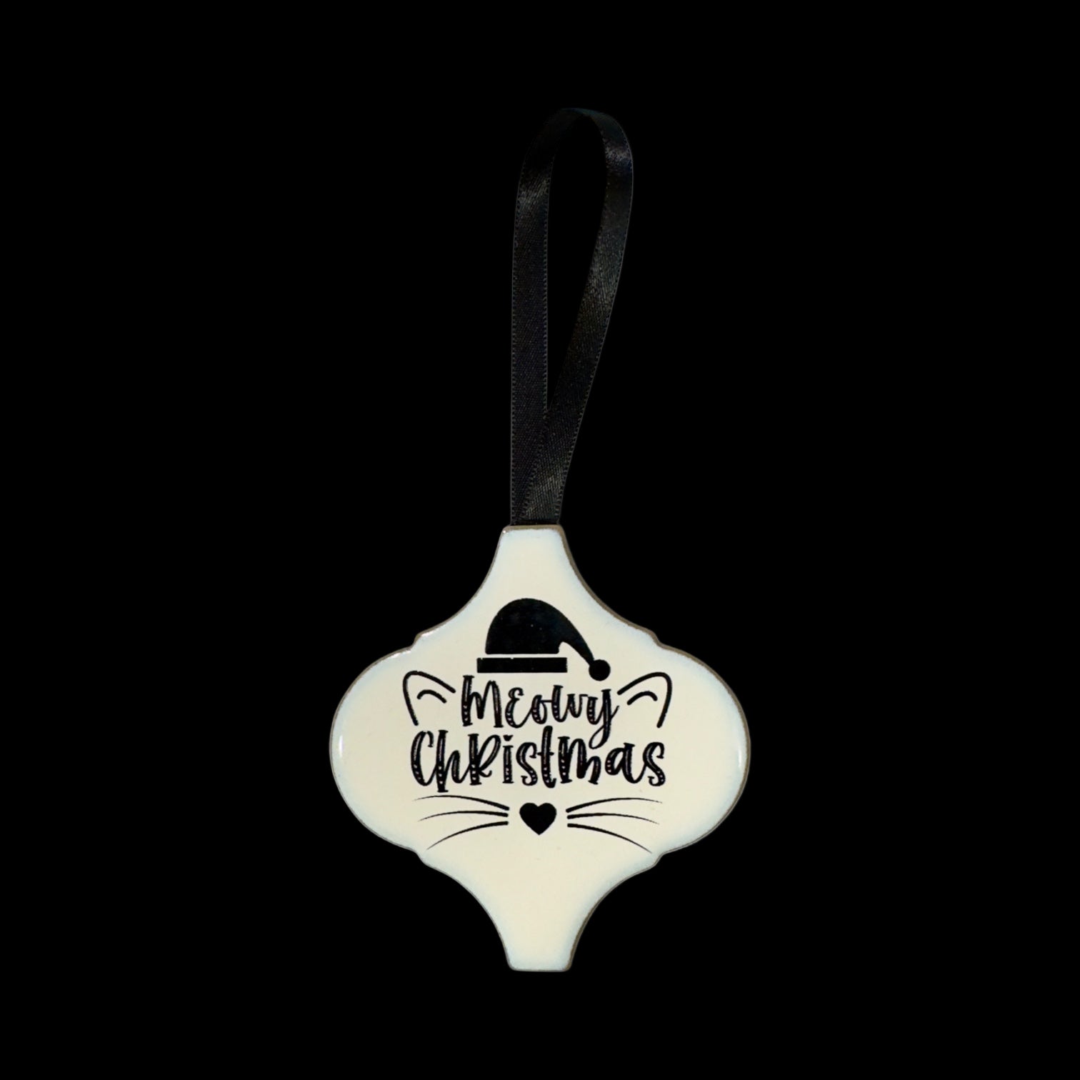 Decorative Christmas ornament with 'Meowy Christmas' text on a light gray background