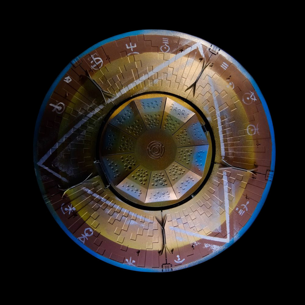 Circular architectural design with geometric patterns on a dark background