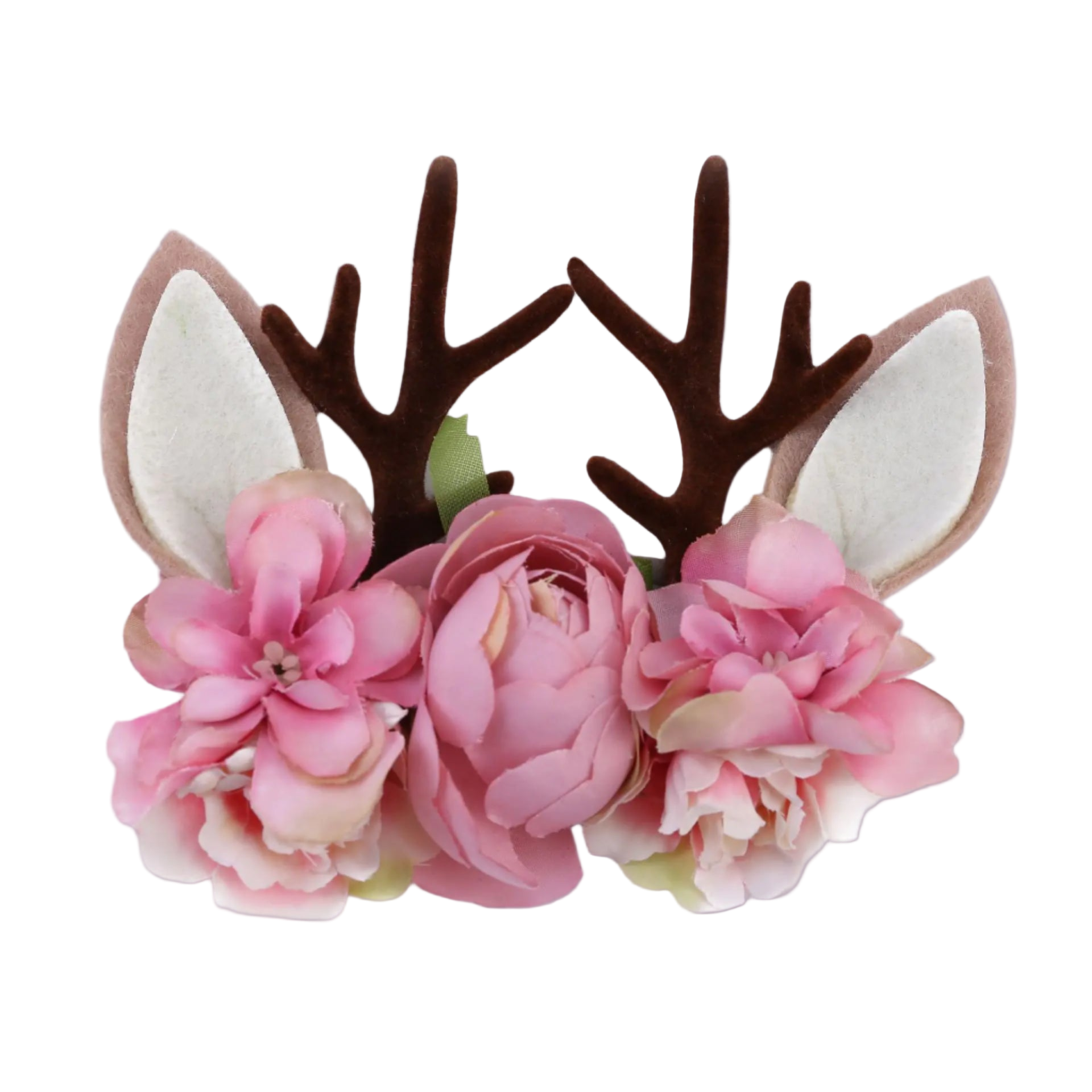 Deer antlers with pink flowers on a white background