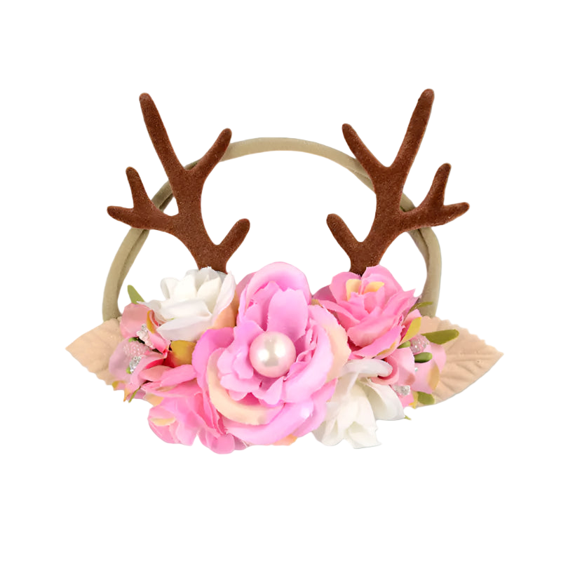 Headband with brown antlers and pink flowers on a white background