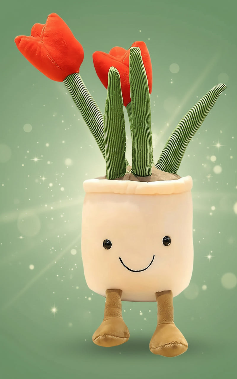 Plush toy with a smiling face and red flowers in a pot on a white background