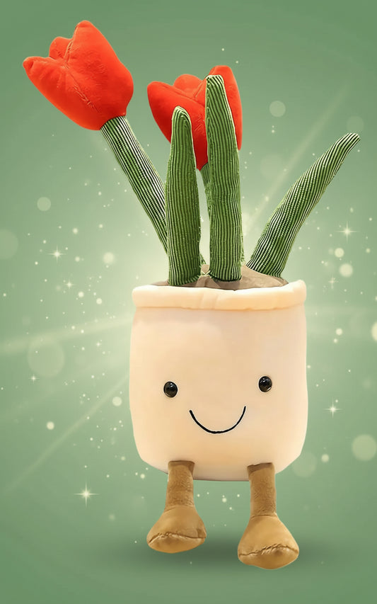 Plush toy with a smiling face and red flowers in a pot on a white background